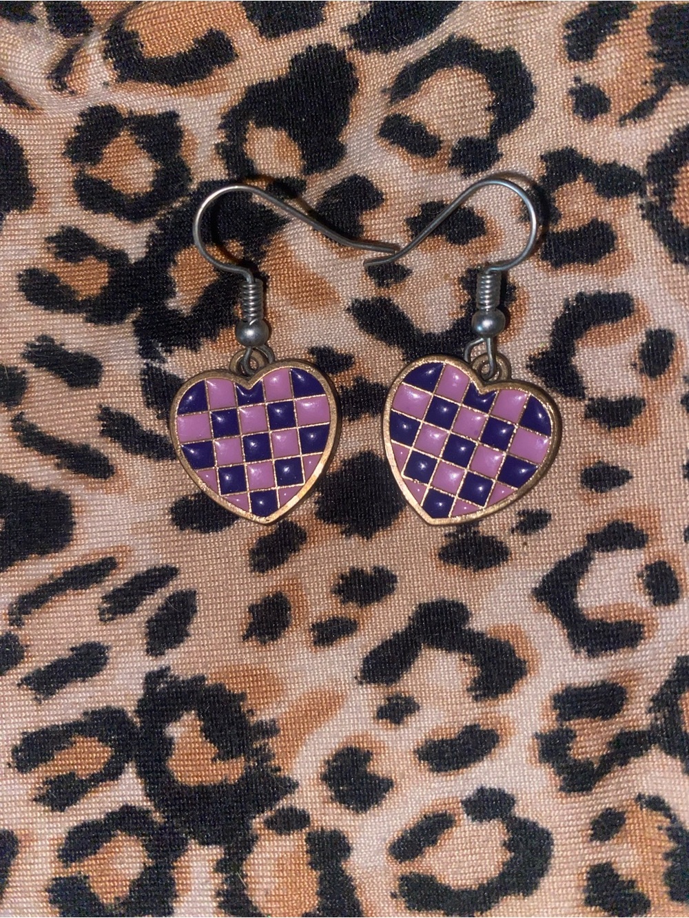 Purple Checkered Heart Drop Earrings - Women Jewelry